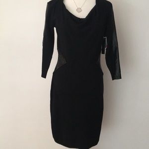Black knit dress with faux leather trim
